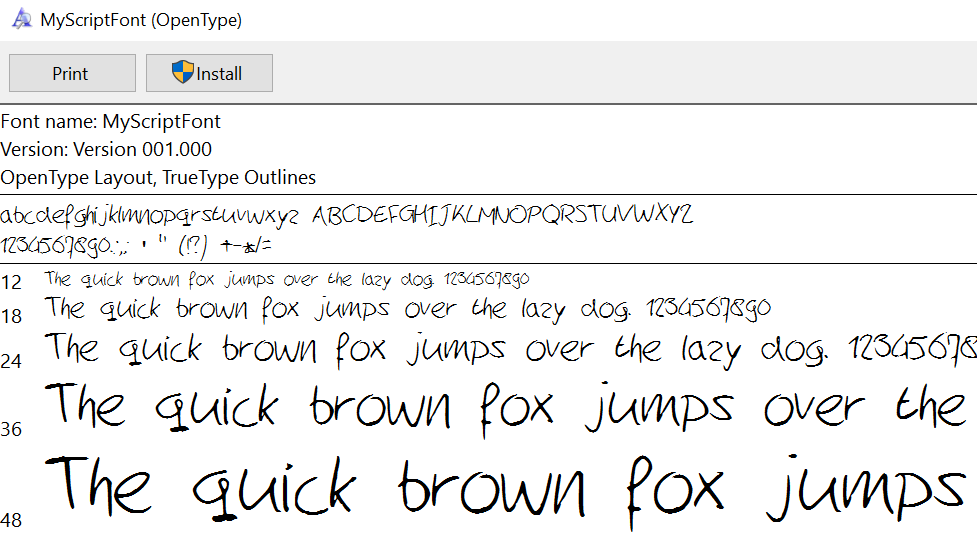 Lettertype preview Windows